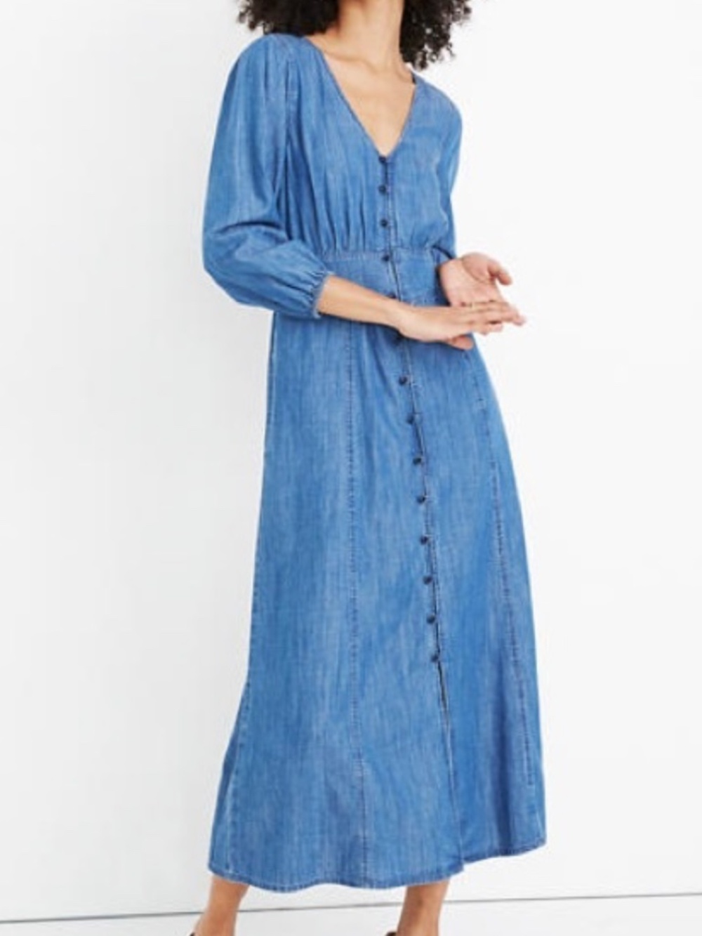 Madewell Denim Midi Dress Button Front VNeck Puff Sleeve Fit & Flare Medium Wash
